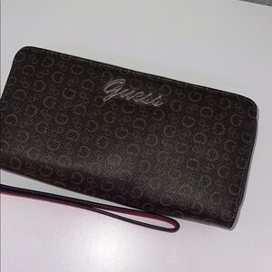 Guess Brown Monogram Zip Wallet with Red-Trim Wristlet